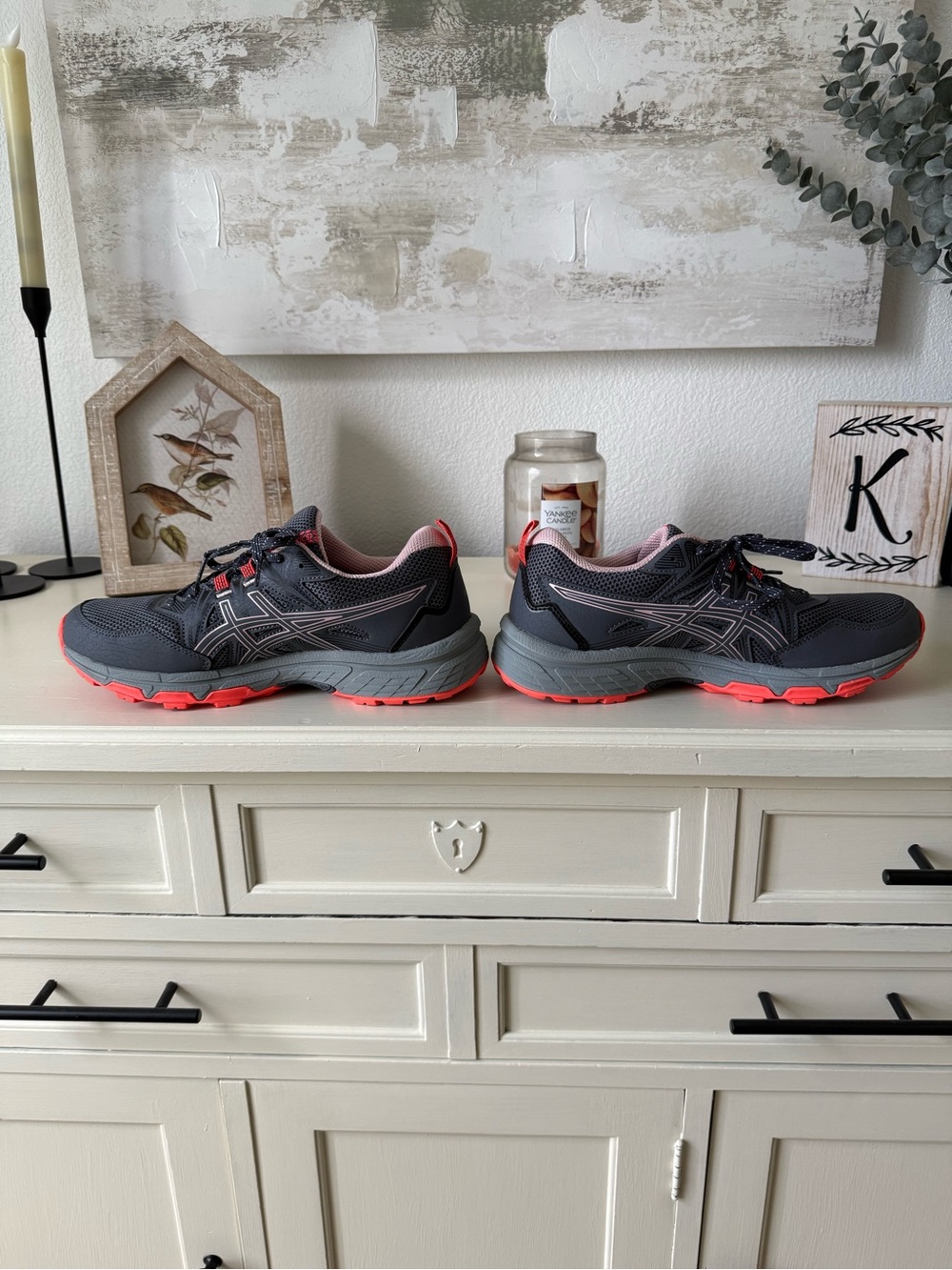 Asics Dark Gray and Coral Pink Trail Running Sneakers - Picture 4 of 13